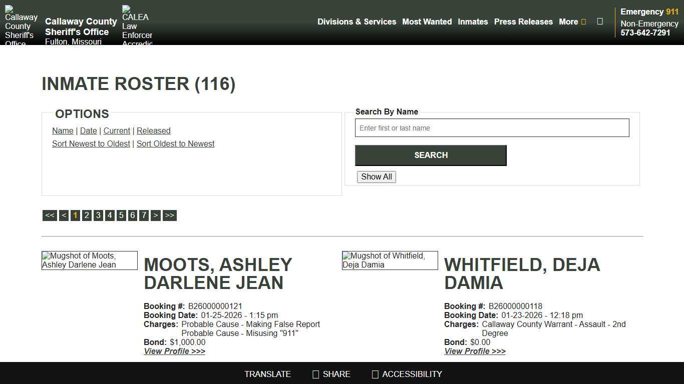 Inmate Roster - Page 1 Current Inmates Booking Date Descending - Callaway County Sheriff's Office, Missouri