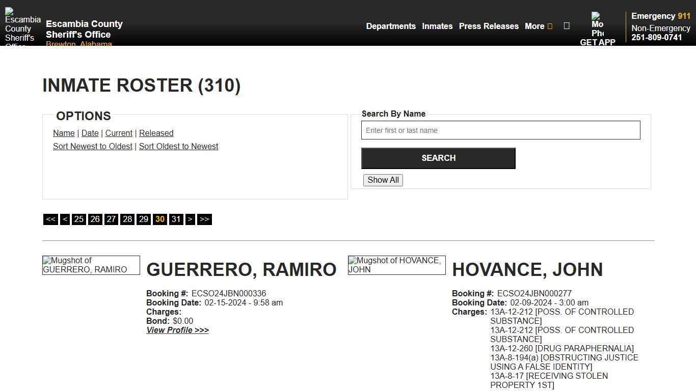 Inmate Roster - Page 30 Current Inmates Booking Date Descending - Escambia County Sheriff, AL