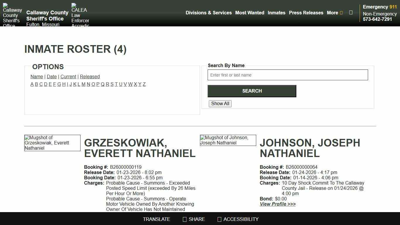 Inmate Roster - Released Inmates - Callaway County Sheriff's Office, Missouri