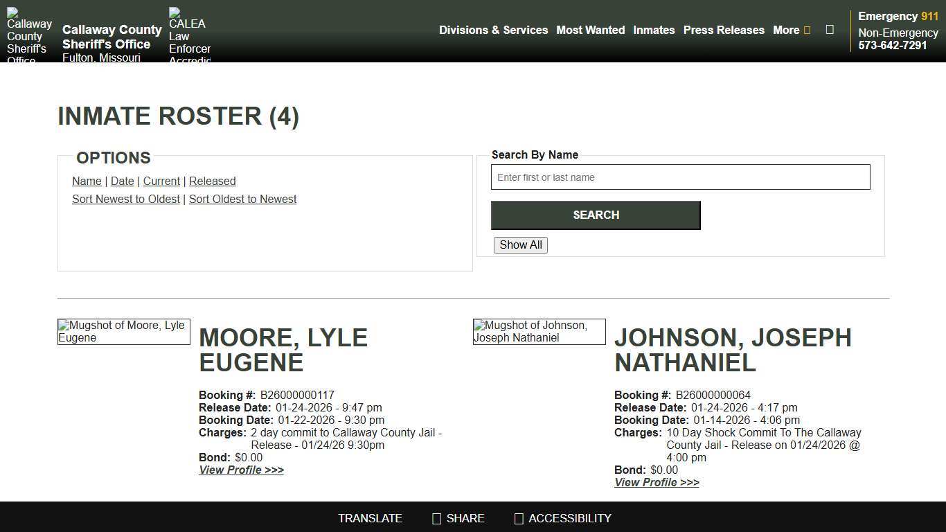 Inmate Roster - Released Inmates Booking Date Descending - Callaway County Sheriff's Office, Missouri